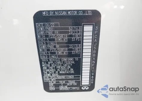 2022 Infiniti Qx50 Luxe Awd z USA, uszkodzony, nr VIN 3PCAJ5BBXNF119809